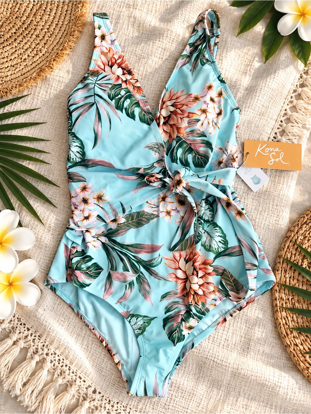 NWT Kona Sol Floral One Piece Swimsuit Aqua Tropical Tie Front Size S
